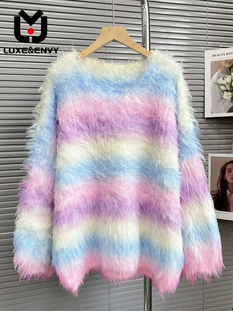 

LUXE&ENVY Rainbow Fade Soft Waxy Sweater Women's Autumn And Winter Slouchy Relaxed Gentle Chic Knitwear Coat Mink Fleece Top