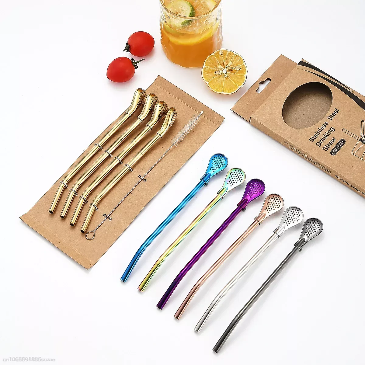 

304 Stainless Steel Straw Spoon 4PCS Filter Spoon Stirring Coffee Spoon Long Handle Tea Drinking Straw Spoon Tea Strainer