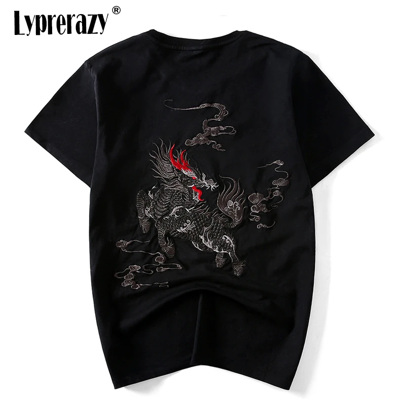 

Lyprerazy Chinese Style Dragon Kirin Embroidery Tees Shirts Fashion Streetwear Hip Hop Casual Short Sleeve Mens Tshirts
