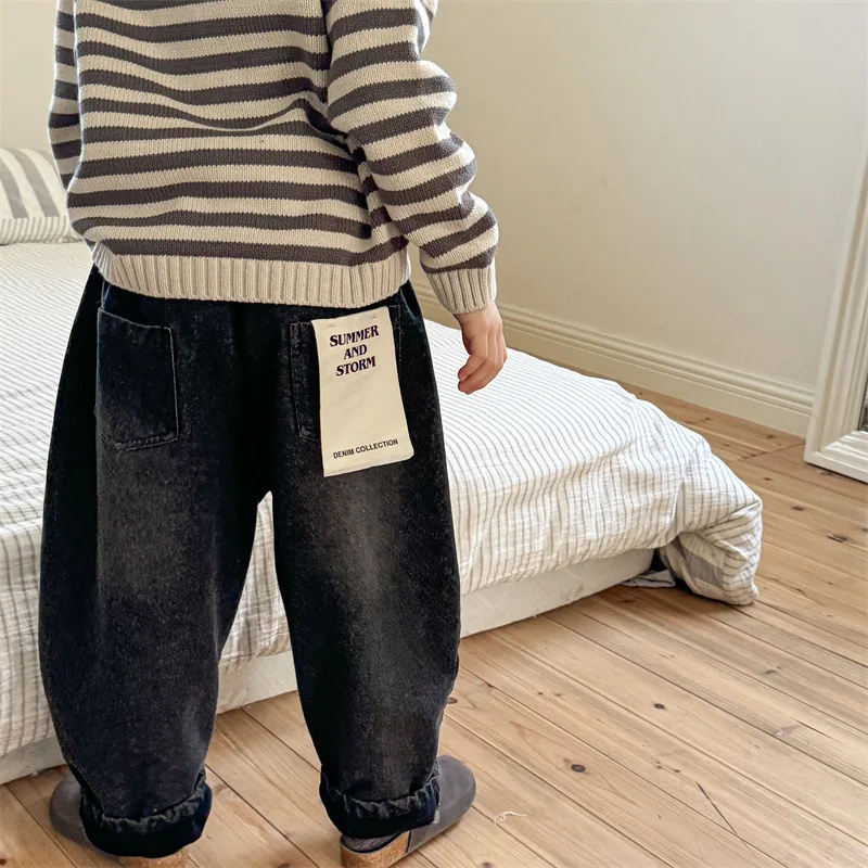 2025 Winter New Children Plus Velvet Thick Jeans Letter Print Girls Trousers Baby Boy Fleece Denim Pants Kids Warm Pants 21 Seb02840b7cd24bca9d2e37fb88161238I