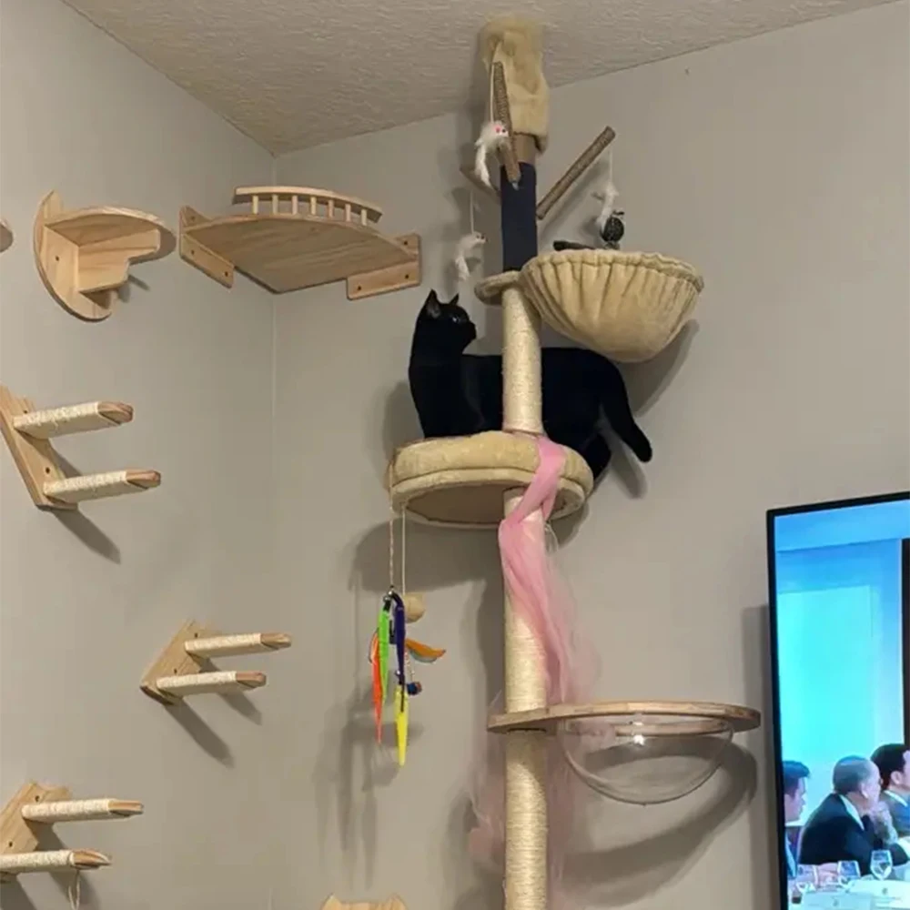 

Wall Mounted Cat Climbing Frame Cat Hammock and Scratching Post with Wood Ladder for Kitten Sleeping and Playing Pet Playground