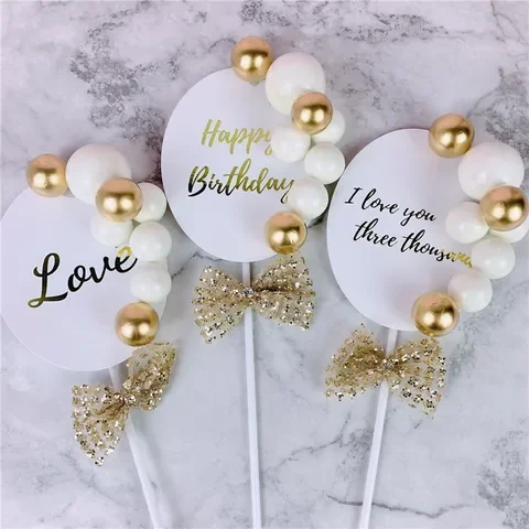 

1PC Foil Love Happy Birthday Cake Toppers Cute Gold Pearl Cupcake Toppers for Weddings Birthday Party Cake Decorating Supplies