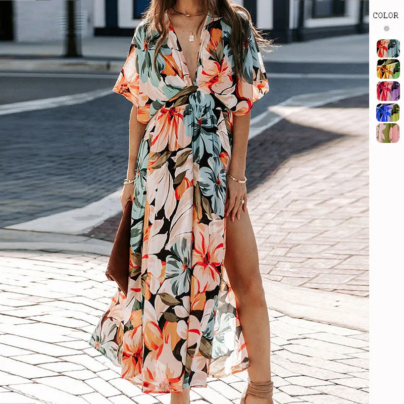 

Women's Summer Dress for Women Short Sleeve V-Neck Bohemian Floral Party Dress Sexy High-waist Fashion Print Slit Long Sundress