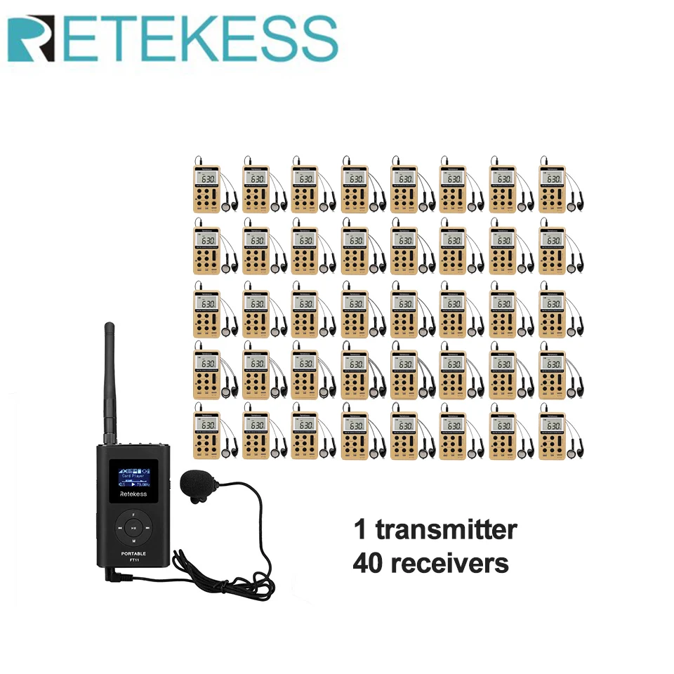 

RETEKESS Tour Guide System 1pcs FT11 FM Transmitter 40pcs V112 FM Receiver For Tour Guide Church Conference Meeting Training