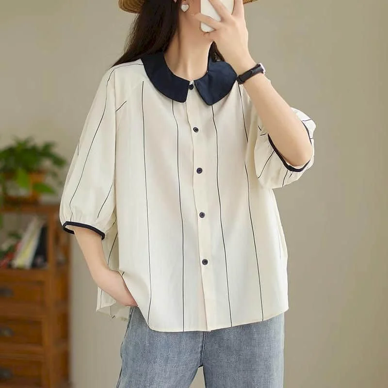 Shirts for Women Vintage Striped Doll Collar Loose Half Sleeve Casual Korean Fashion Single Breasted Blouse Women Office Tops
Shirts for Women Vintage Striped Doll Collar Loose Half Sleeve Casual Korean Fashion Single Breasted Blouse Women Office Tops