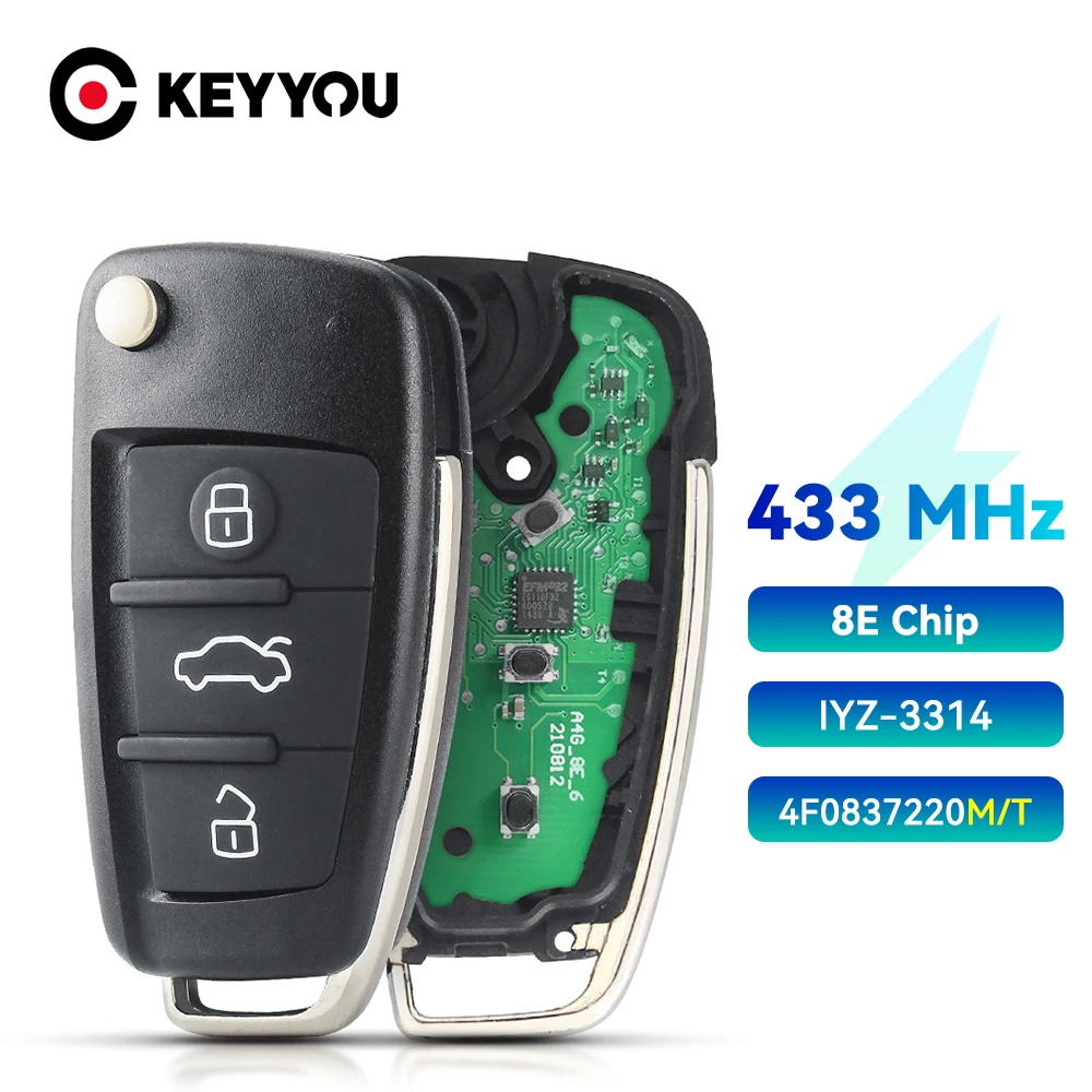 

KEYYOU 3 Button Car Remote Key Fob FSK 315/433Mhz 8E Chip For Audi A6 S6 Q7 2004-2015 FCCID IYZ 3314 4F0837220M 4F0837220T