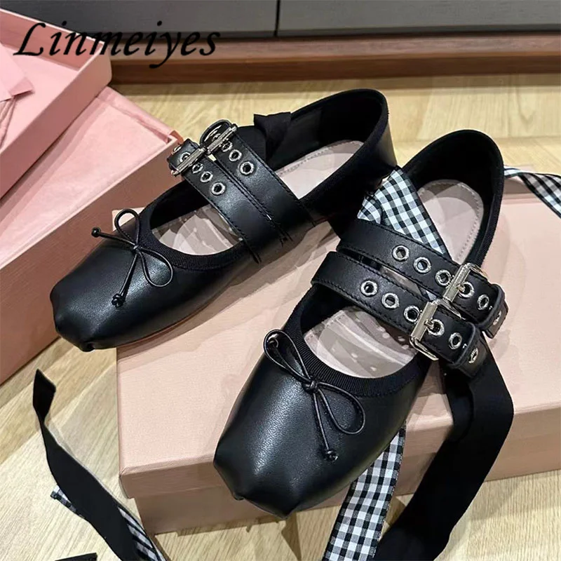 

New Ballet Flat Shoes Women Metal Buckle Strap Runway Shoes Butterfly-knot Genuine Leather Mules Comfort Loafers Woman