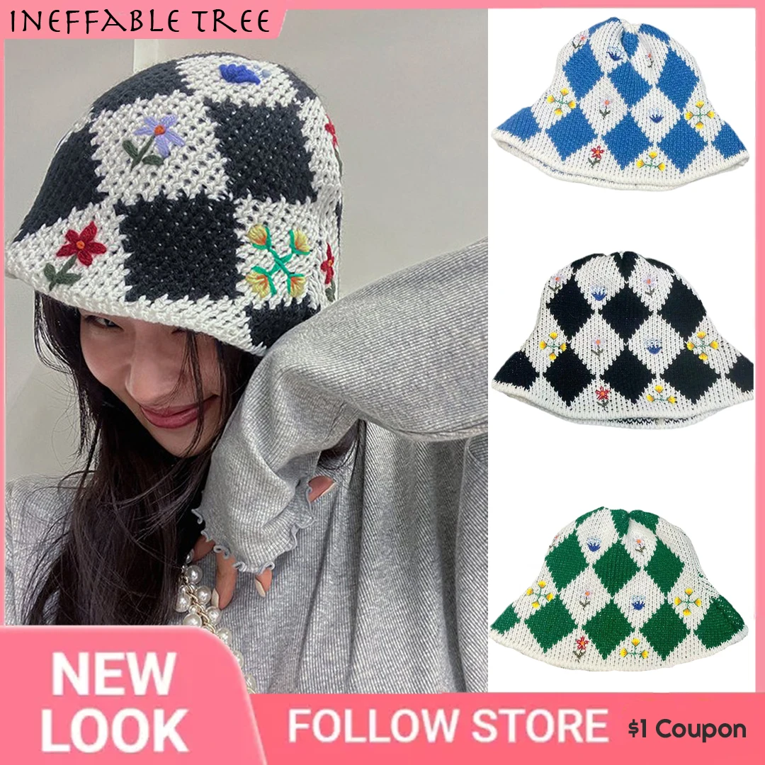 

Korea Y2K Summer Hollow Knitted Flower Hat Crochet Retro Rhombus Plaid Flower Splicing Breathable Basin Bucket Hat Drop Shipping