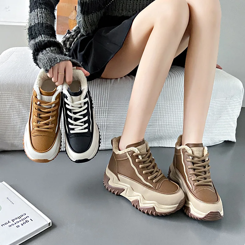 

Winter New Fleece-Lined Clunky Sneaker Korean Style Versatile Small Height Increasing Insole Platform Casual Shoes Women's Sho