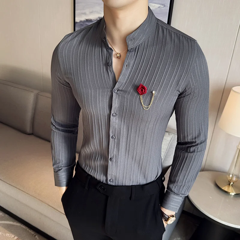 

Y2K Fashion Spring Men Social Casual Striped Shirts Brand Quality Luxury Men's Slim Fit Long Sleeve Dress Shirt Camisa Masculina