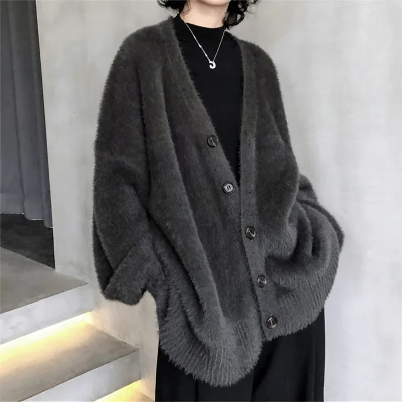 

Artificial Mink-Fur Outer Women's Loose 2023 Autumn Winter Outer Wear Solid Color Casual Knitted Cardigan Sweater Women