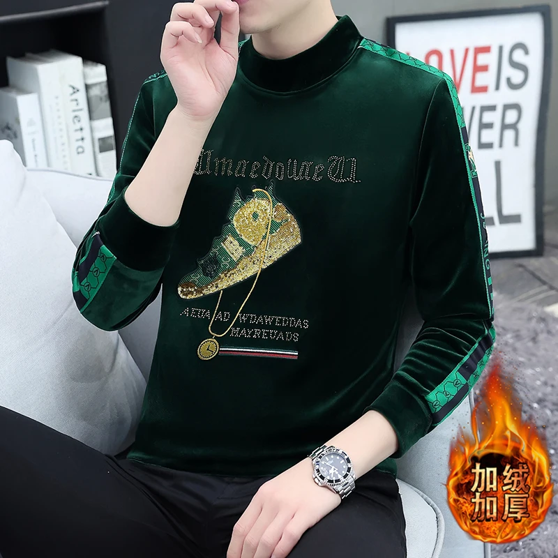 

Luxury Drilling Blackish Green Velvet T Shirts Turtleneck Velour Warmed T Shirt For Mens Winter Clothing Fashionable Pullover