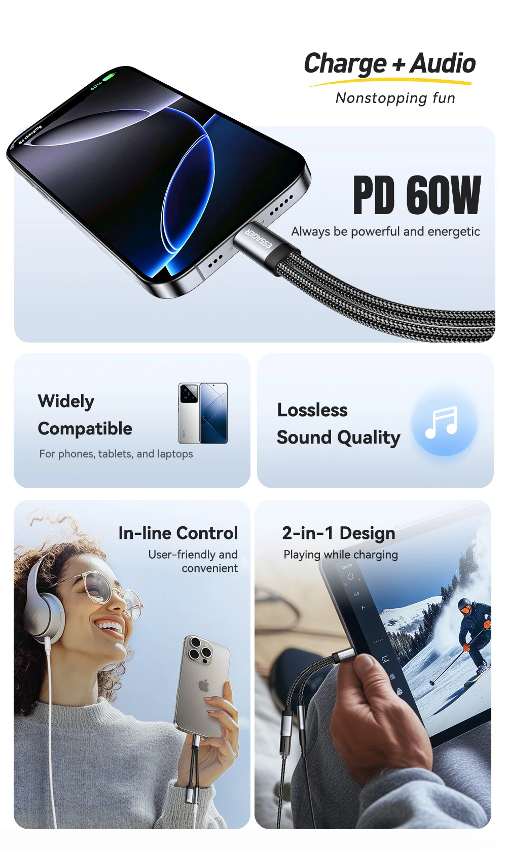 Essager 2 in 1 Type C to 3.5mm AUX Cable Headphone Adapter PD 60W Fast Charging for iPhone 16 15 Samsung Xiaomi 14 13 Tablet PC Essager 2 in 1 Type C to 3.5mm AUX Cable Headphone Adapter PD 60W Fast Charging for iPhone 16 15 Samsung Xiaomi 14 13 Tablet PC