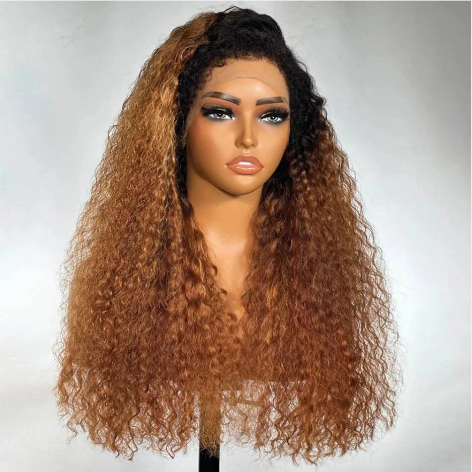 

Natural Hairline Ombre Honey Blonde Soft Preplucked Glueless 180Density Long Kinky Curly Lace Front Wig For Women BabyHair Daily