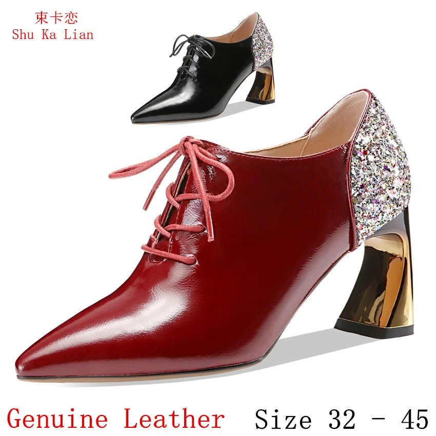 

Campus Students High Heels Women Oxfords Career Shoes Loafers Genuine Leather Woman Kitten Heels Small Plus Size 32 - 45