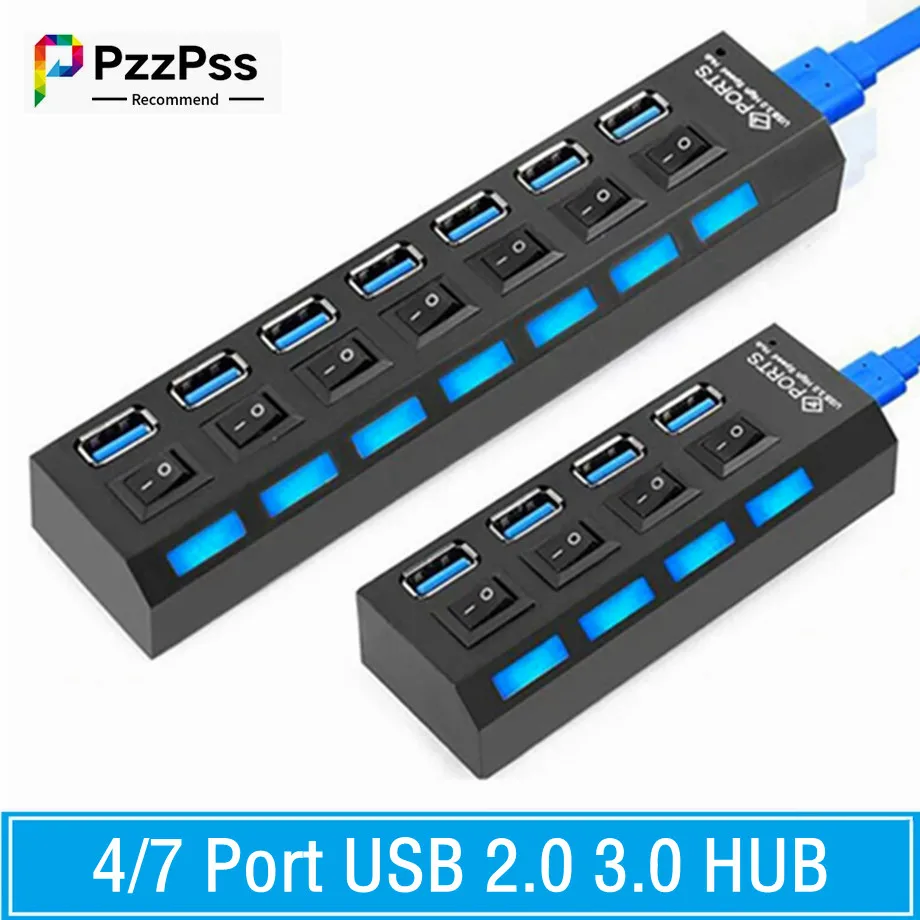 

PzzPss USB 2.0 3.0 Hub USB Hub 3.0 Multi USB Splitter Use Power Adapter 4/7 Port Multiple Expander 2.0 USB3.0 Hub With Switch