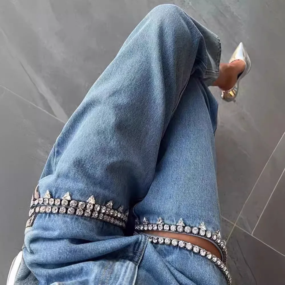 

Jeans Women Hole Long Pants Casual Loose Blue Y2k Blue Elegant Splice Straight Trousers High Waist Denim Pant 2024 Summer