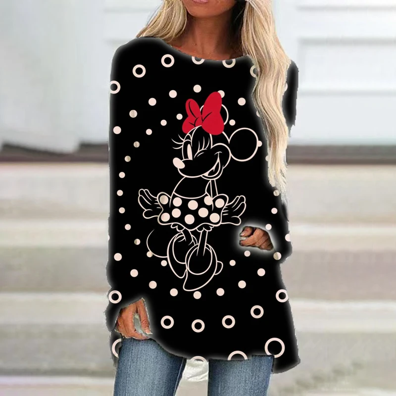 

Fashion Popular Streetwear Disney Brand Mickey and Minnie Anime Summer Women's Casual Crew Neck Loose Long Sleeve T Shirt Top