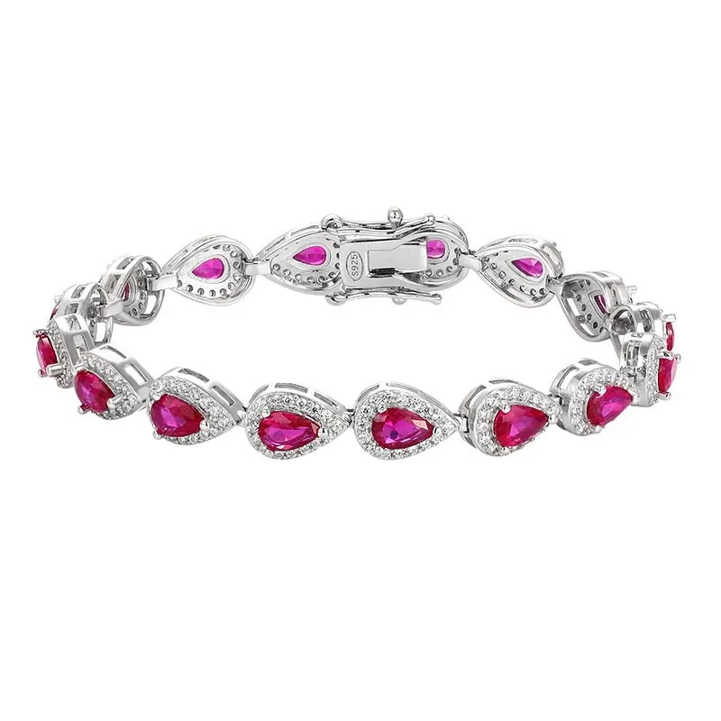

100% S925 Sterling Silver Heart Pear Shape Vivid Ruby High Carbon Diamond Charm Bracelets for Women Gem Sparkle Pulseras Jewelry