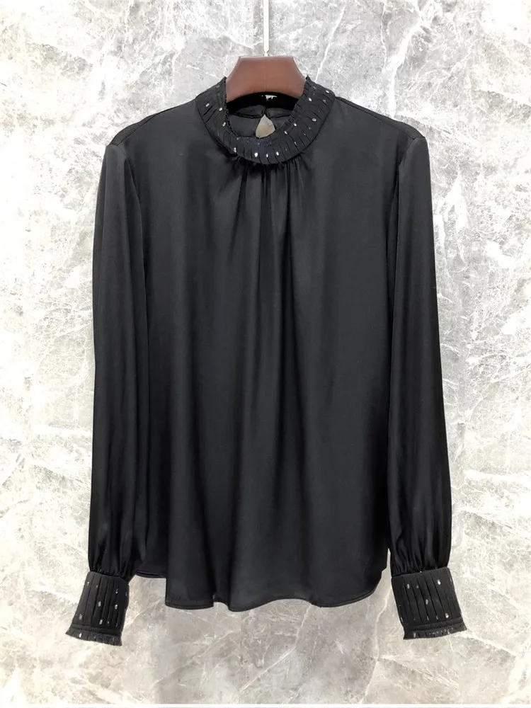 

Top Quality Designer Blouse Shirt 2024 Spring Summer Silk Blouse Women Sequined Deco Long Sleeve Elegant Black White Apricot Top