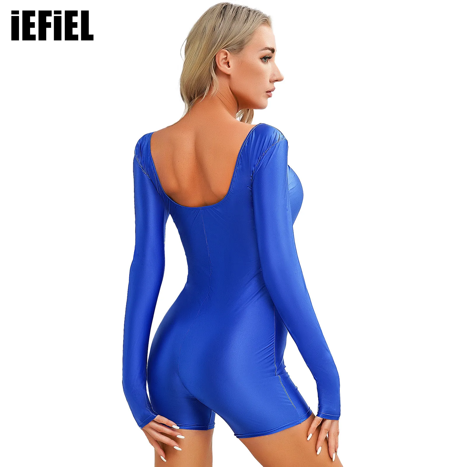 

Women Glossy Long Sleeve Bodysuit Solid Color Stretchy Round Neck Slim Fit Short Jumpsuit for Yoga Bodybuilding Exercises