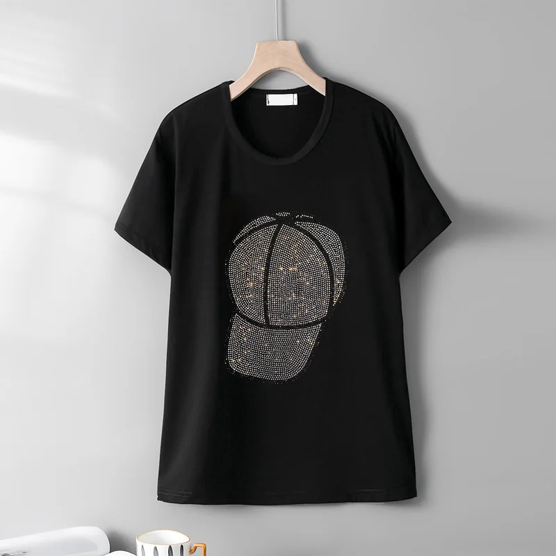 

Summer Fashion Black All-match short-sleeve T-shirts female Personality ball cap decorate Hot Diamonds Loose Casual women tops