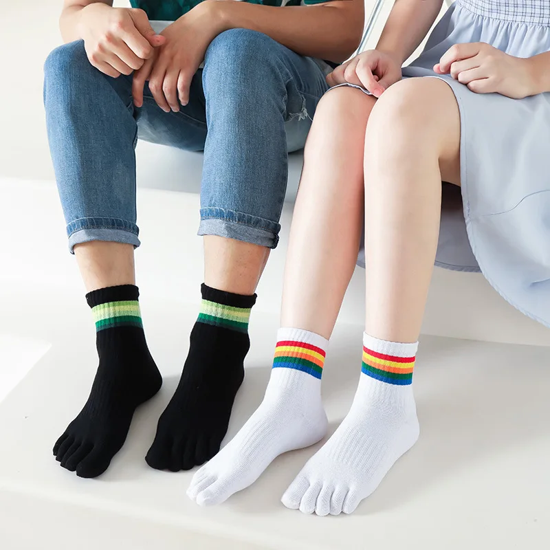 

5 Pairs Toe Sport Socks Man Compression Colored Stripes Thick Cotton Simple Solid Soft Elastic 5 Finger Short Socks Four Seasons