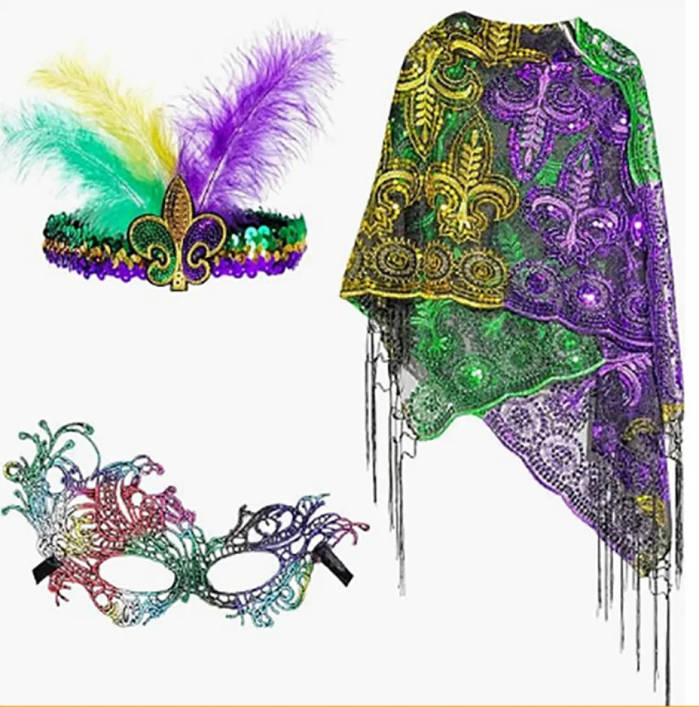 

Mardi Gras Shawl Scarf Costume with Mardi Gras Headband Masquerade Party Favor Accessories Multicoloured for party