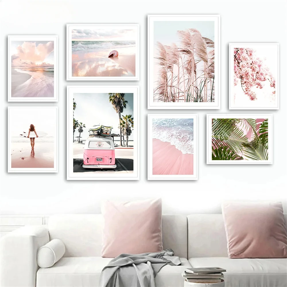 

Pink Beach Sea Car Palm Surfboard Shell Wall Art Canvas Painting Nordic Posters And Prints Wall Pictures for Living Room Decor