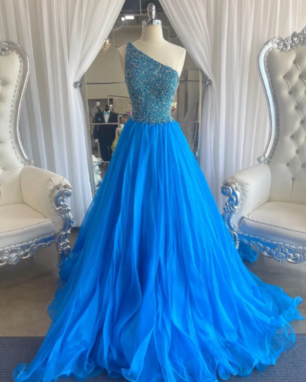 

Elegant Blue Prom Dress Beading Sequined One Shoulder Customed Chic Slim Dresses Formal Party Evening Gowns Vestidos De Fiesta