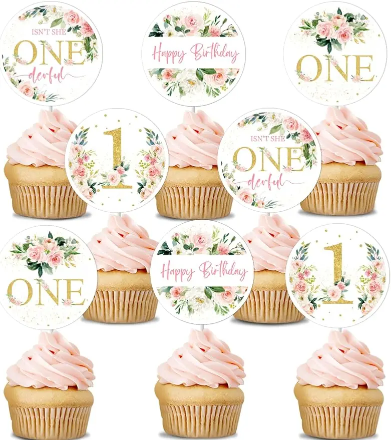 

24PCS Floral Cupcake Toppers Flower First Birthday Decor for Isn't She Onederful Girl 1st Birthday Party Decor