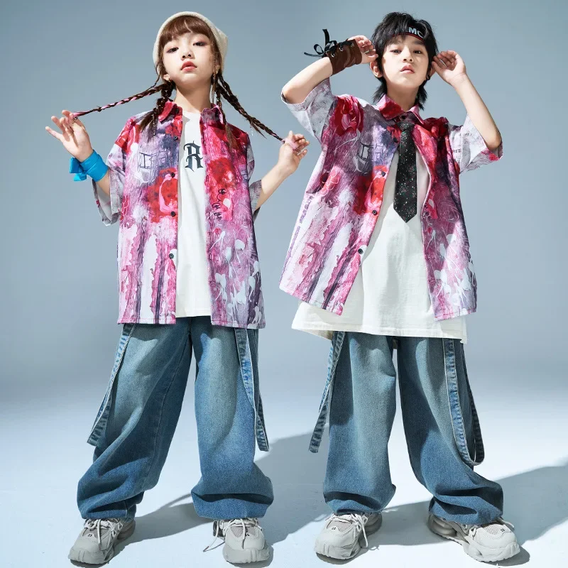 

Kids Hip Hop Clothes Sets Tie Dyed Short Sleeve Shirt + Denim Pants Jeans Boys Street Dance Costume Girls Jazz Performance Suit