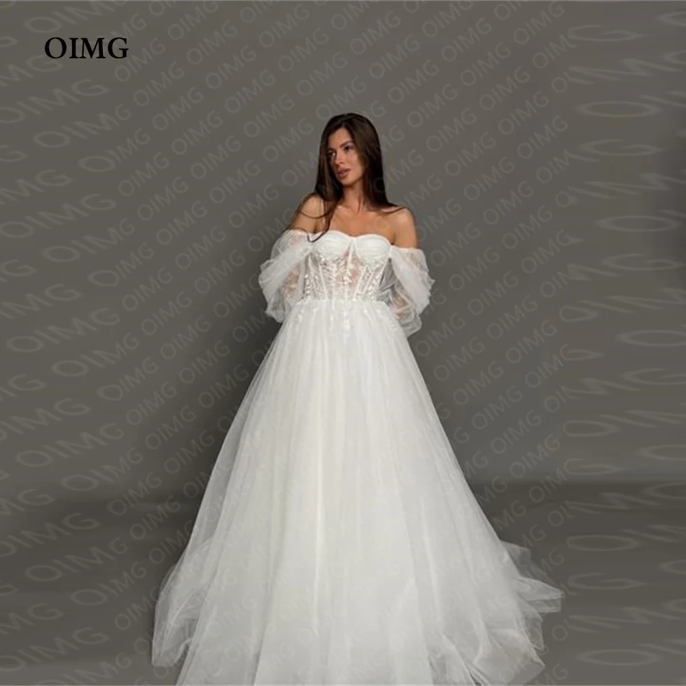 

OIMG Modern Long A Line Lace Wedding Dresses Gowns Long Sleeves Sweetheart Formal Pricness Bride Bridal Gown Dress Vestidos