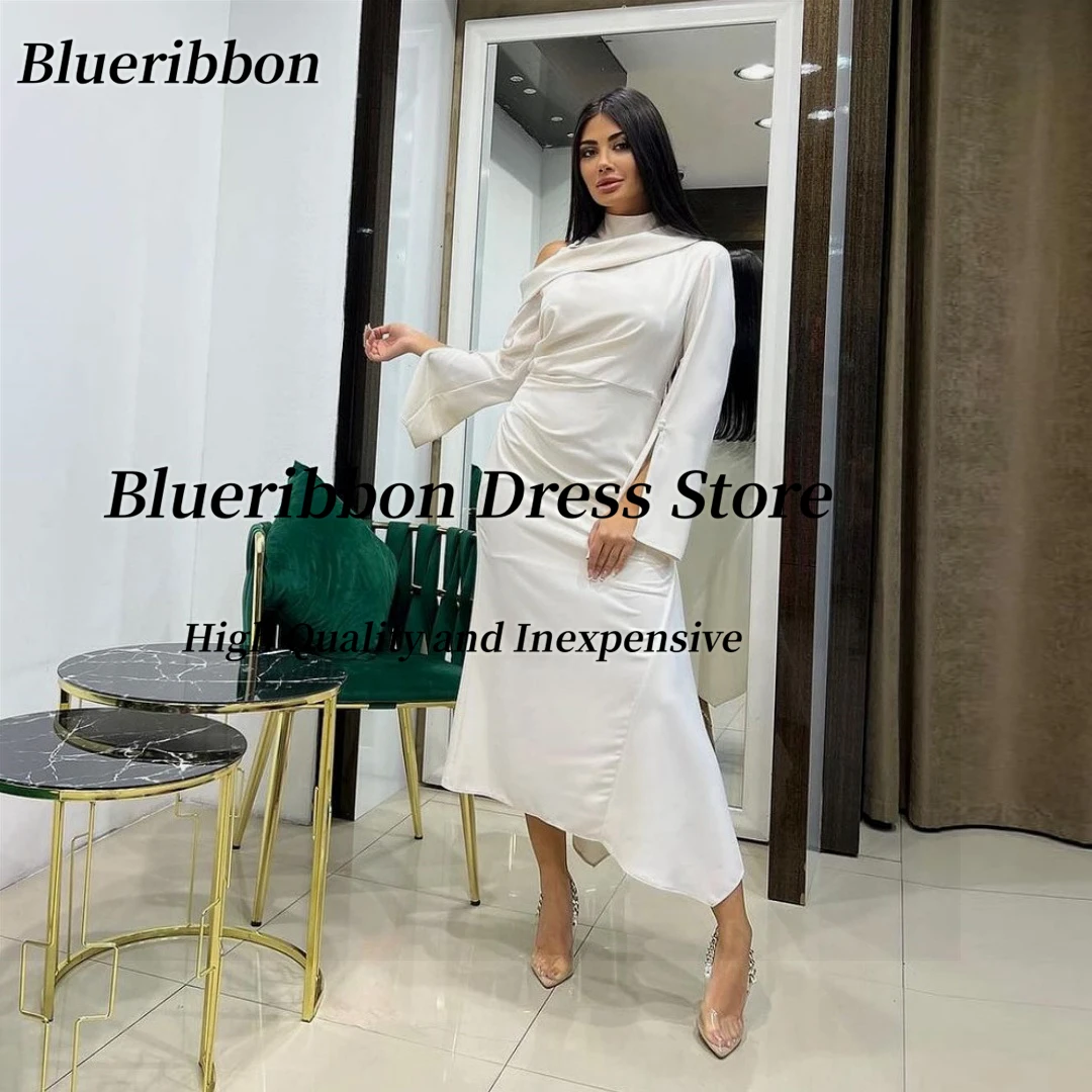

Blueribbon Saudi Party High Collar Prom Dresses Long Sleeves Evening Party Dress Zipper Back Wedding Guests Dubai Ladies Wear