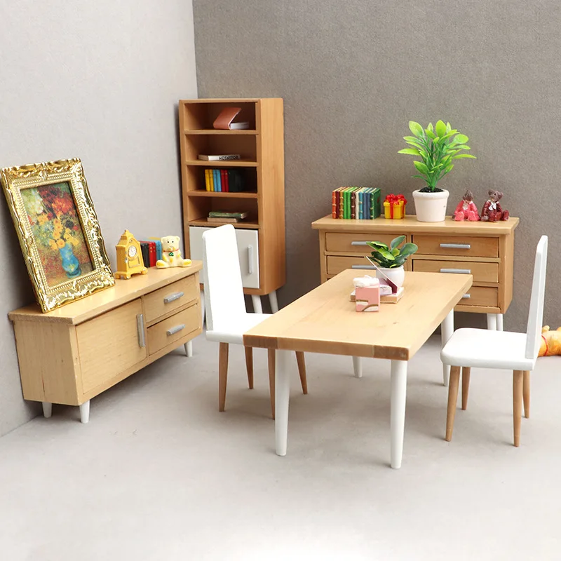 

6pcs 1/12 dollhouse Mini furniture restaurant micro scene decorations cabinet chair table toy for ob11