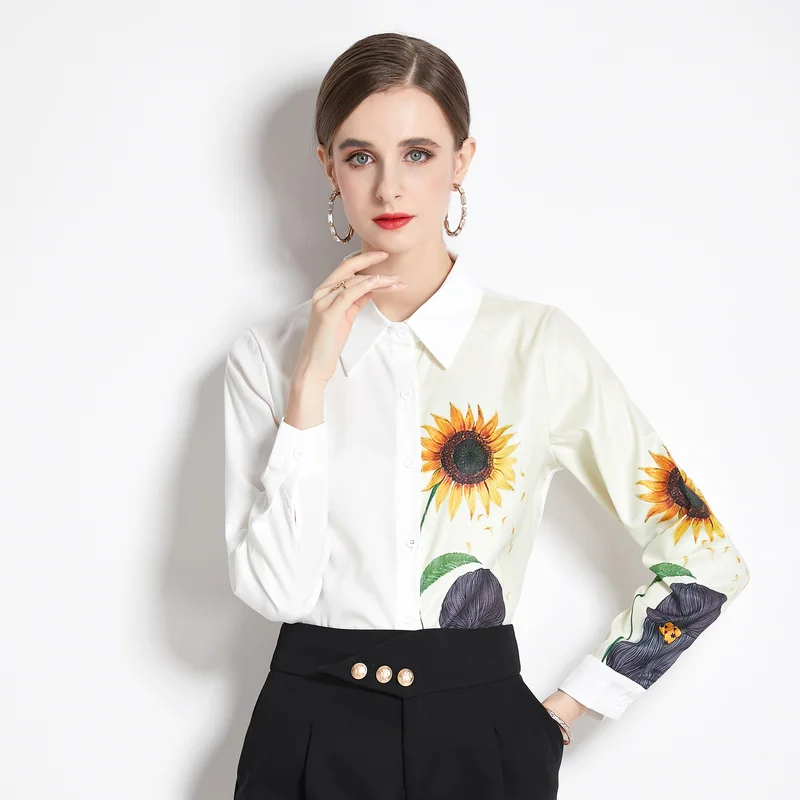 

2023 New Spring Autumn Women Turn-down Collar Long Sleeve Slim Shirt Sweet Sunflowers Print White Shirt Cheap Clothes China