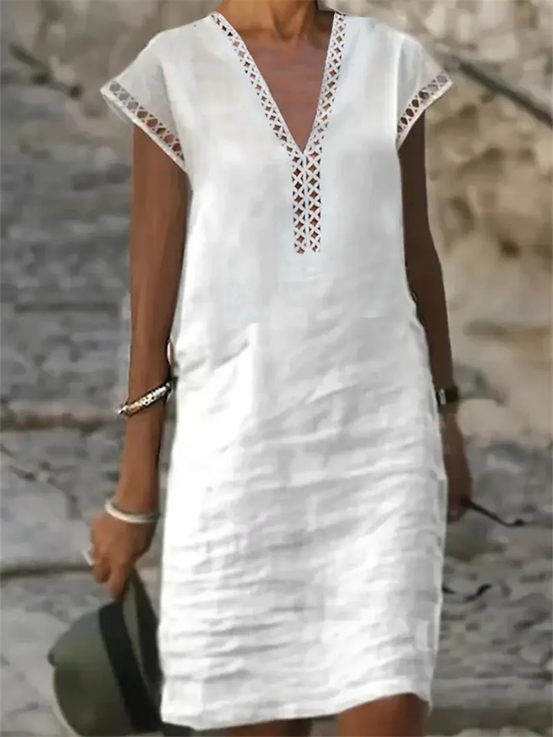 Summer Women Cotton Linen Dress Fashion Solid Color Hallow Out Mini Dresses Elegant Female V-neck Casual Short Sleeve Vestidos
Summer Women Cotton Linen Dress Fashion Solid Color Hallow Out Mini Dresses Elegant Female V-neck Casual Short Sleeve Vestidos
