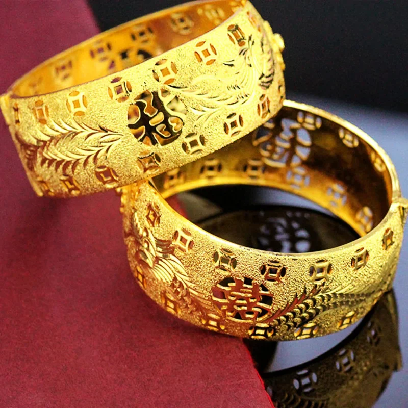 Pure Gold Coating 24k Bangles with Dragon Phoenix Carved Bracelet For Women Bride Wedding Anniversary Jewelry pulseira
Pure Gold Coating 24k Bangles with Dragon Phoenix Carved Bracelet For Women Bride Wedding Anniversary Jewelry pulseira