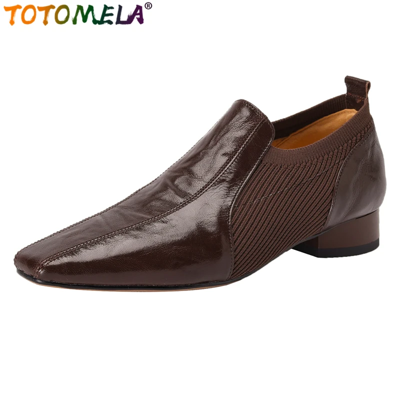

TOTOMELA 2024 New Genuine Leather Shoes Women Pumps Low Heels Square Toe Retro Handmade Slip On Ladies Spring Summer Shoes