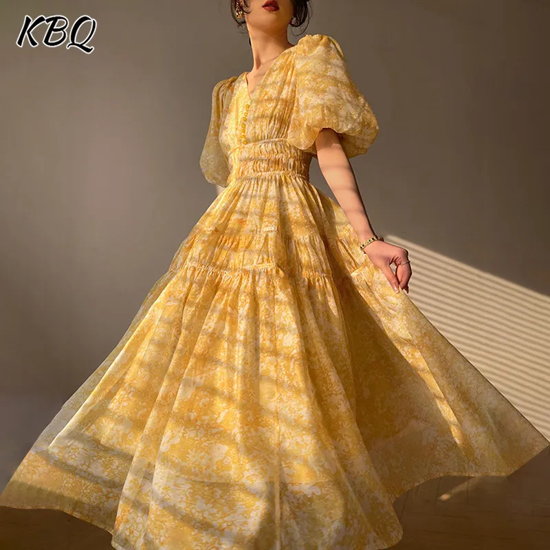 

Женское платье с V-образным вырезом KBQ, желтое Элегантное повседневное платье с коротким рукавом, высокой талией и складками, летняя модная одежда, Новинка