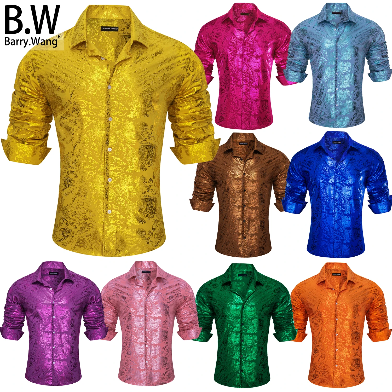 

Designer Silk Mens Shirts Jacquard Floral Long Sleeve Casual Stylish 22 Colours Male Blouses Wedding Business Prom Barry.Wang