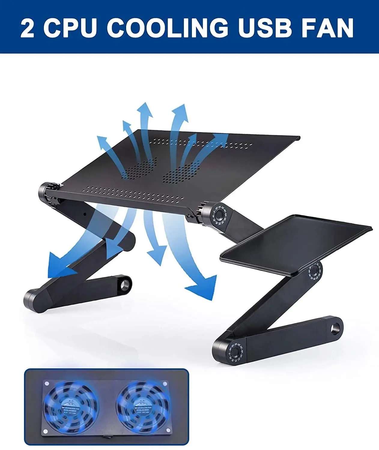 

Adjustable Portable Laptop Desk for Bed, Foldable Lap Desk Table with Mouse Pad, Ergonomic Notebook Riser Stand, 2 Cooling Fans,