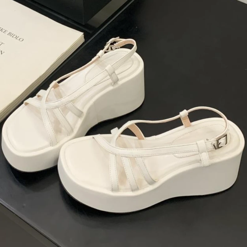 Silver Cross Tied Wedge Women Thick Heel Sandals 2025 Summer New Designer Open-toe Flat Roman Shoes Fashion Casual Office Sandal 40 Seb32ffcc39fe4f248f30594909bc9577M