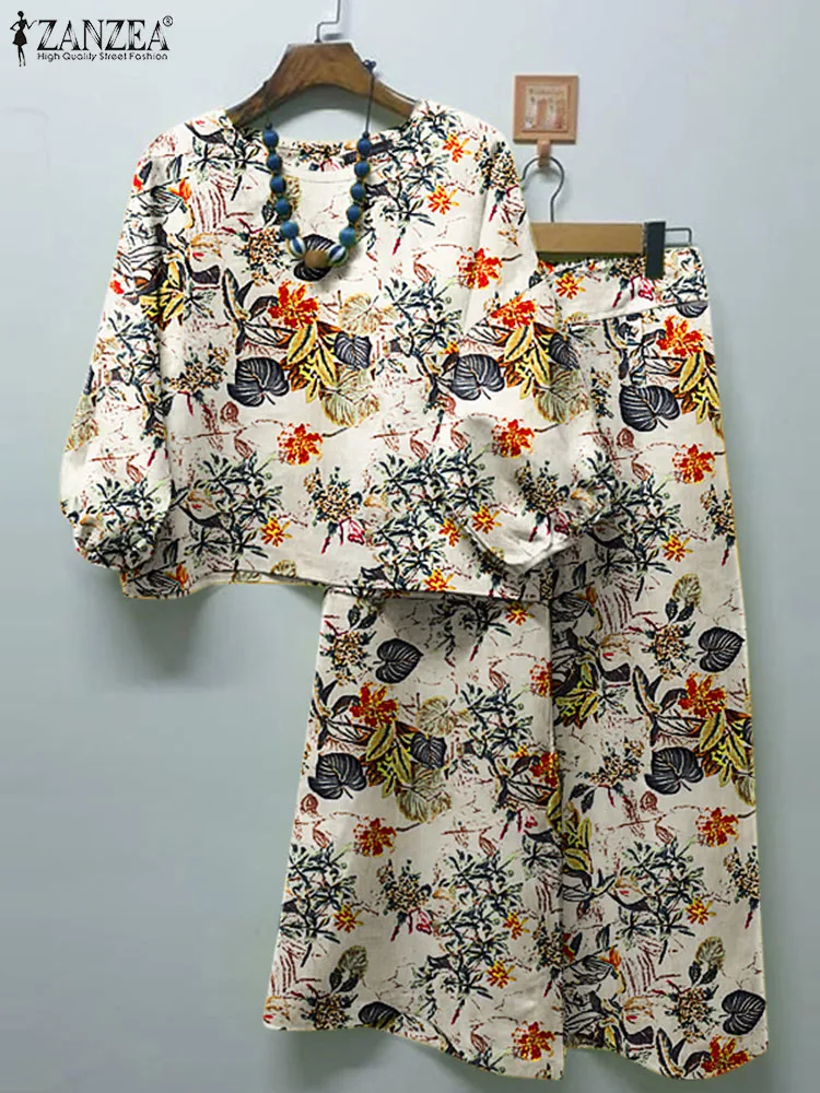 

Женский богемный костюм ZANZEA с блузкой с рукавом 3/4 и широкими штанинами, свободный спортивный костюм из 2 предметов, костюм с винтажным цветочным принтом