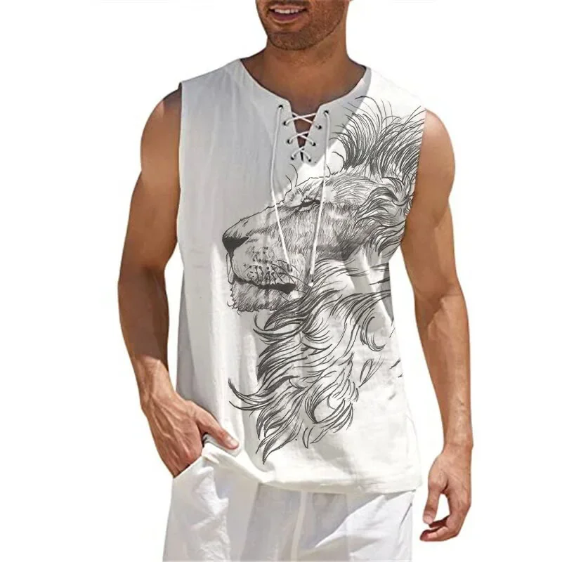 

Letnia moda meska lniana koszulka ze sznurkiem dekolt w serek bez rekawow hawajska nadmorska plaza Street Casual Gym Slim Top