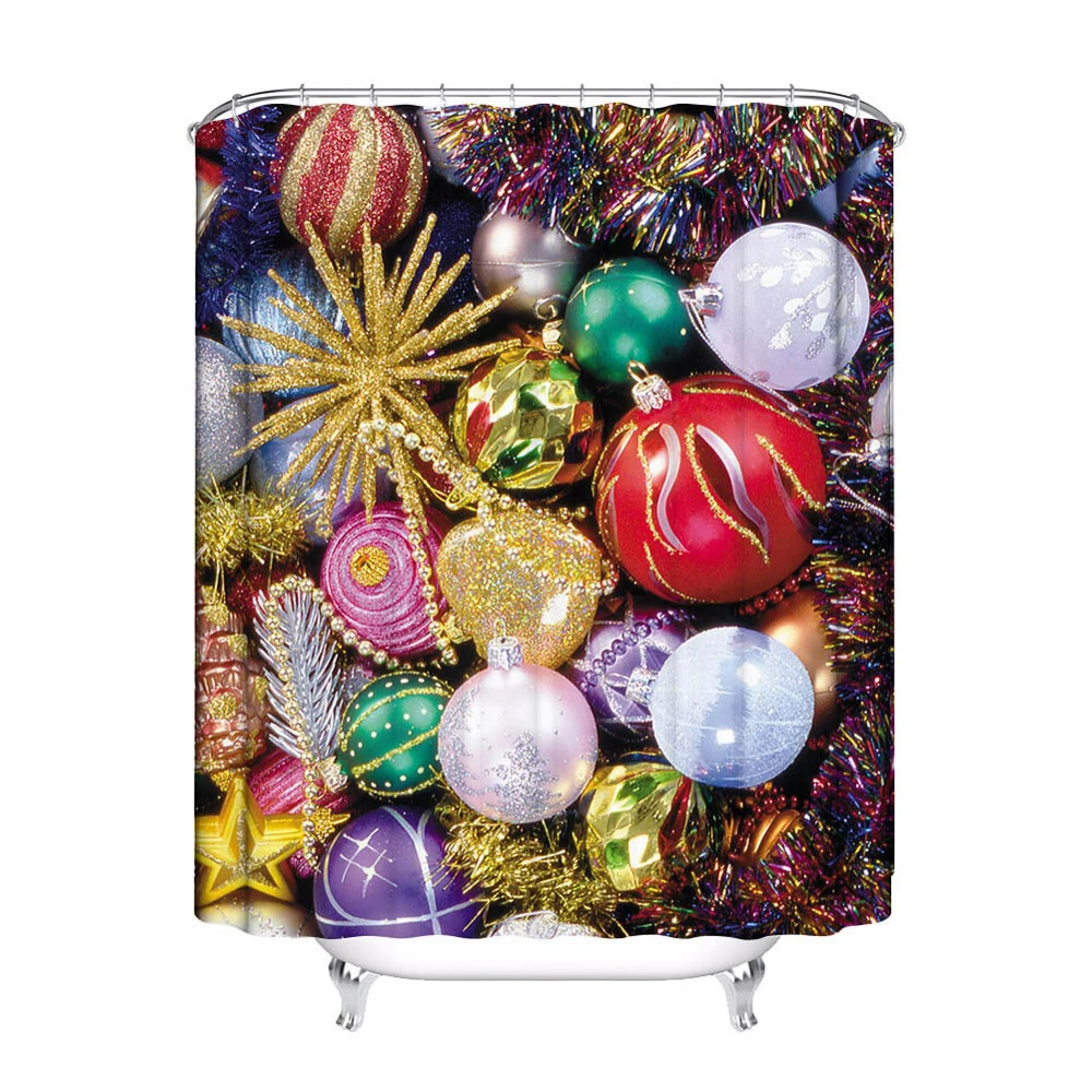 

Silver Baubles Christmas Balls Shower Curtains Red Xmas Pine Tree Snow Bathroom Waterproof Fabric with Hooks Decor Bath Curtain