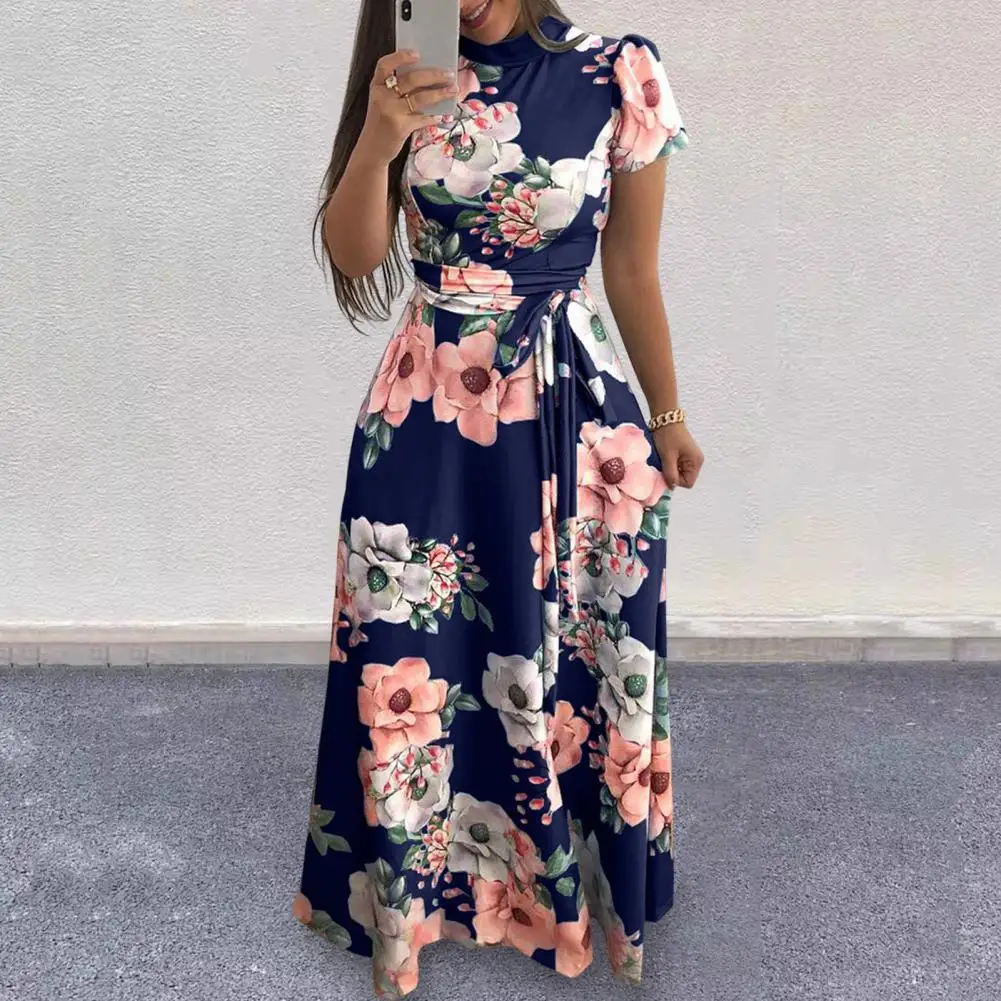 

Printed Dress Floral Print Maxi Dress with Mock Collar Belted Waist Women's A-line Swing Dress for Summer Spring Ankle Length