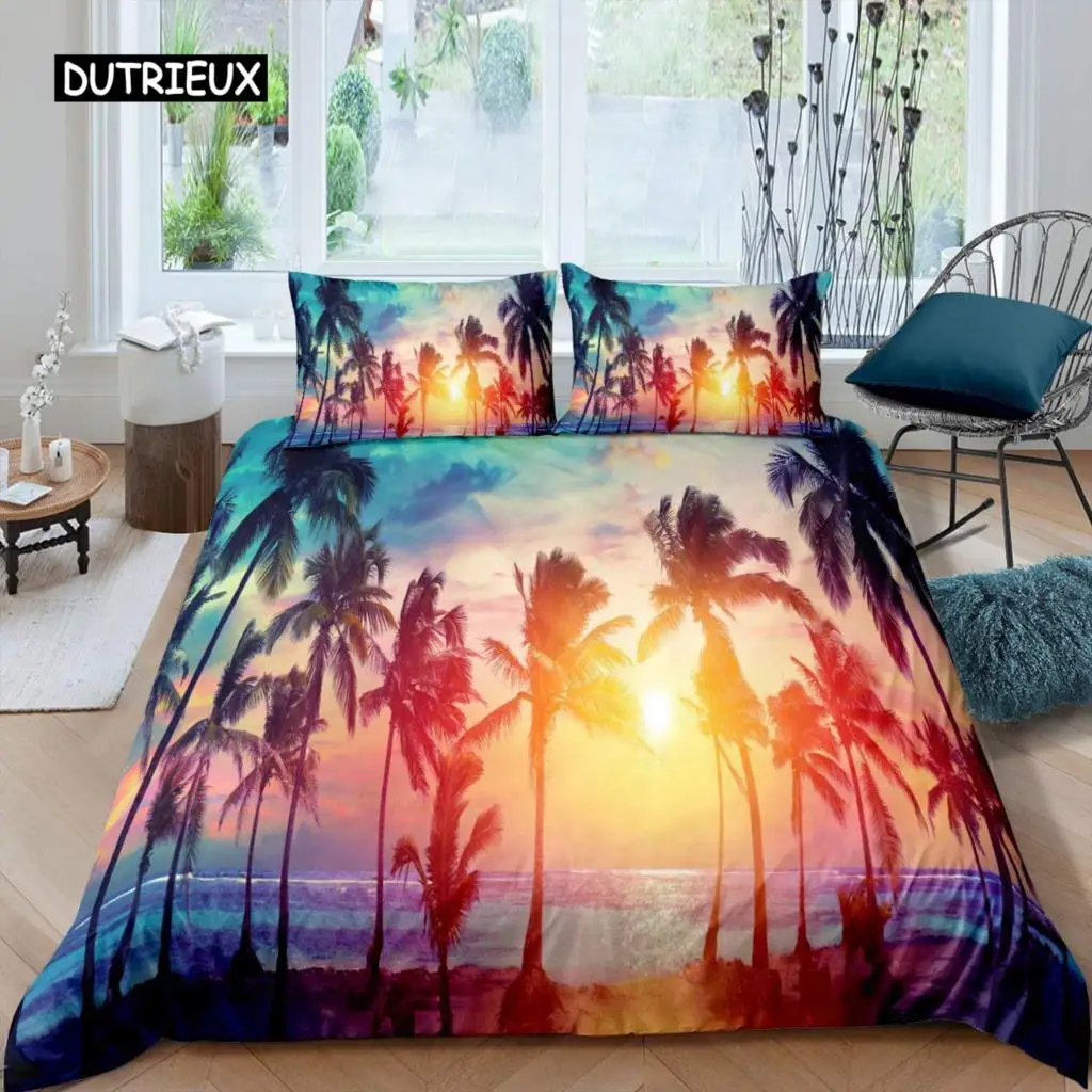 

Palm Tree Duvet Cover Set Atoll Lake Bedding Set Miami Florida Sunset Comforter Cover Atlantic Ocean Natural Scene Quilt Cover