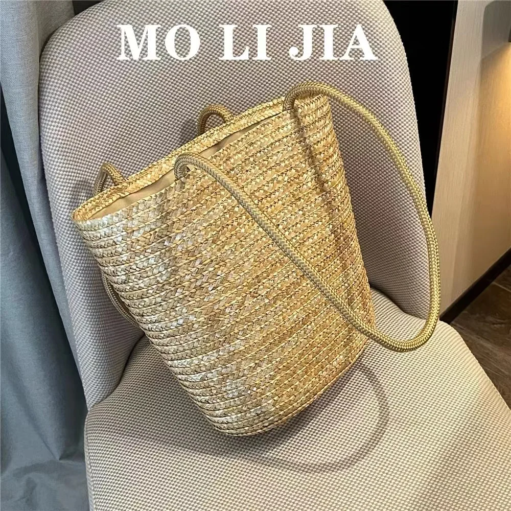 

Large Capacity Shoulder Bag Straw Woven Handmade Bucket Bag Women Fashion Handbag Summer Vacation Holiday Beach Bag Casual Bag