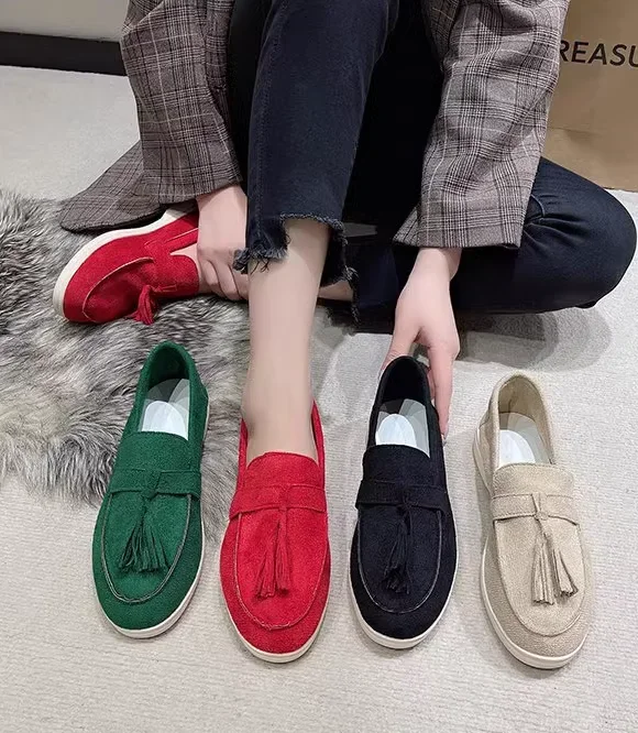 Womens Flock Thick Bottom Driving Shoes Round Toe Flock Tassel White Sole Soft Moccasines In Green Black Wide Fits Slip-On 35-45 Womens Flock Thick Bottom Driving Shoes Round Toe Flock Tassel White Sole Soft Moccasines In Green Black Wide Fits Slip-On 35-45